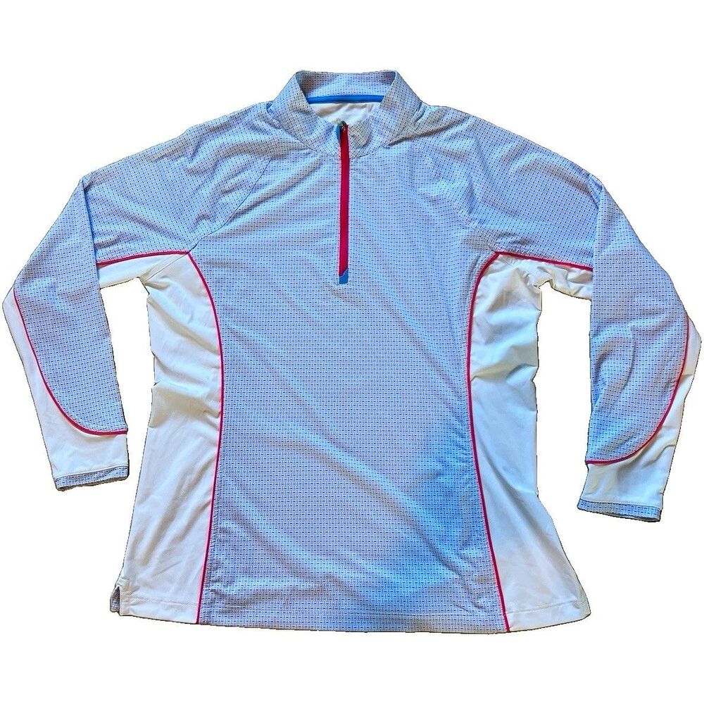 Peter Millar Women's L White/Red 1/4 Zip Mock Neck Pullover Stretch UV Golf